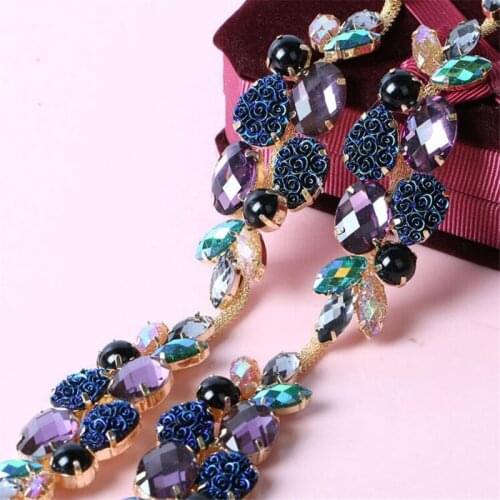 1Yard Colorful Rhinestone Crystal Golden Tone Chain Costume Applique Trims Sewing RT0018