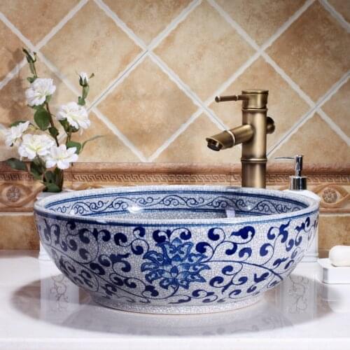 Free Shipping High quality Hand Painted Blue And White Ceramic bathroom basin