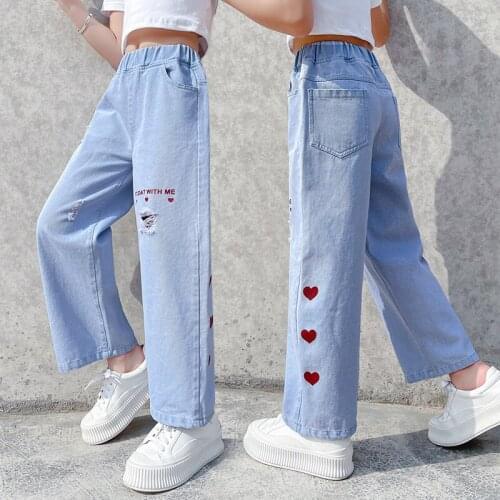 Girls Pants Spring Teenage Girls Ripped Jeans for Girls Heart Wide Leg Pants 8 10 12 14Y Student Children Casual Kids Trousers