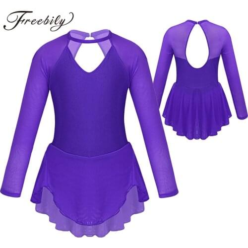 Kids Sheer Long Sleeves Tulle Splice Cutouts Back Figure Skating Dress Girls Ballet Gymnastics Leotard Stage Performance Wear