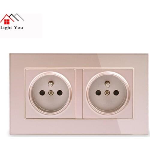 Sken 16A 3 Colour Double French Wall Socket Crystal Glass Panel Power Outlet Plug Grounded 146mm * 86mm EU Socket