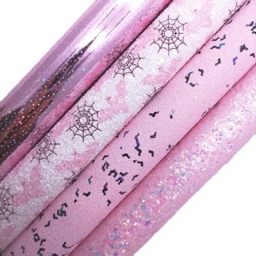 Pink Glitter leather with Bats, Spider Webs Printed Glitter Faux Leather, Patent Glitter Faux Leather Sheets For Bows DIY KM743