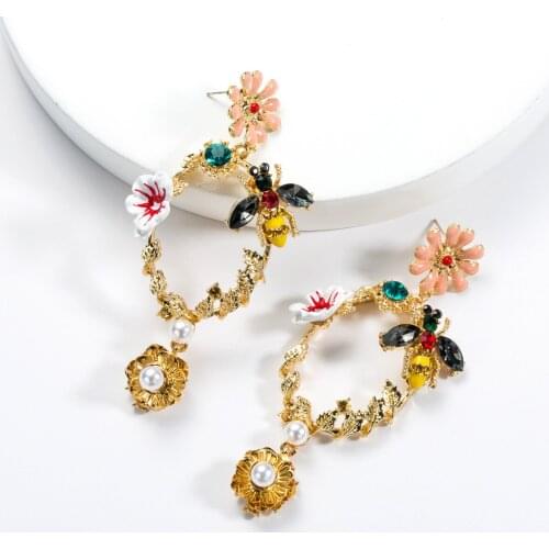 JOUVAL Cute Colorful Oval Drop Earrings Women Vintage Acrylic Flower Bee Lotus Gold Dangle Earring Girls Female Brincos Jewelry