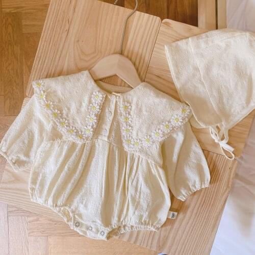 Infant Toddler Girls' Clothes Set Long Sleeve Spring Princess Clothing Fashion Square Collar Cream Loose Cotton Baby Romper