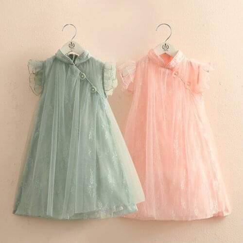 2021 Summer 4 6 8 10 Years Chinese Style Kids Beautiful Stand Collar Fly Sleeve Party For Kids Baby Girls Lace Cheongsam Dresses