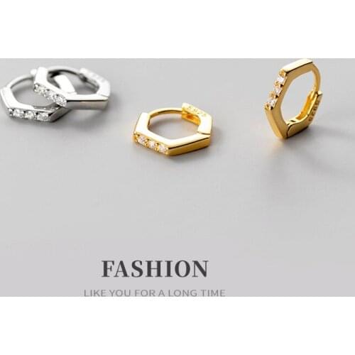 Small 6mm*1mm Authentic Real. 925 Sterling Silver jewelry Ear-bone CZ Set hexagon geometric hoop huggie earrings C-G9095