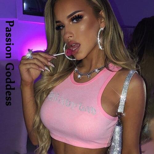 Sweet Sexy Women Rhinestone Pink Cropped Tops Party Slim Tank Vest Bustier Femme Hot Drilling Babe Bad Letter Glitter Crop Tops