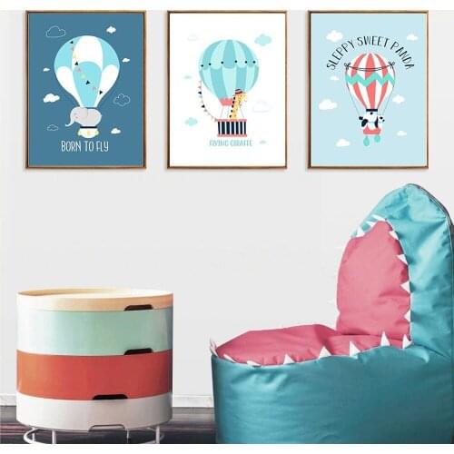 Cartoon Animal Canvas Painting Hot Air Balloon Panda Giraffe Poster Children Room Kindergarten Wall Art Aesthetics Decor Picture