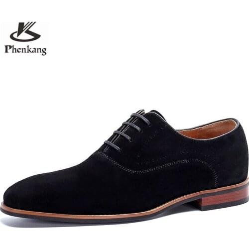 Phenkang Suit Leather Shoes Men Wedding Groom Leather Suede Handmade Oxford Shoes Broch Carved British Business Mens Shoes