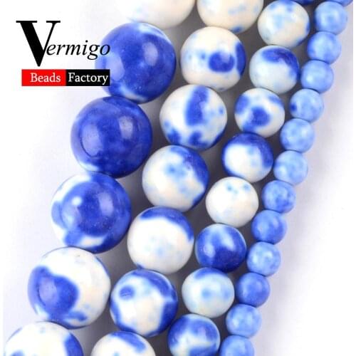 Natural Blue White Spots Rain Flower Stone Beads For Jewelry Making DIY Necklace Bracelet Round Loose Spacer Beads 4mm-10mm 15"