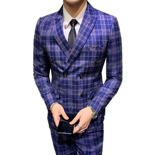 New Mens Fashion Casual Slim Suits / Male Plaid Three Piece Set Groom Double Breasted Business Blazers Jacket Coat Pants Vets