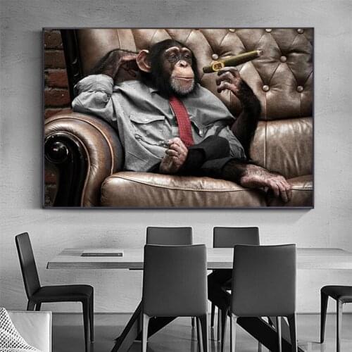Monkey Gorilla On Sofa Smoking Pictures Canvas Painting Wall Art for Living Room Home Decor Animal Posters Prints