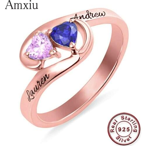Amxiu Customize Name Ring 925 Sterling Silver Wedding Rings with Two Names Cubic Zircon Jewelry Personalized Ring Accessories