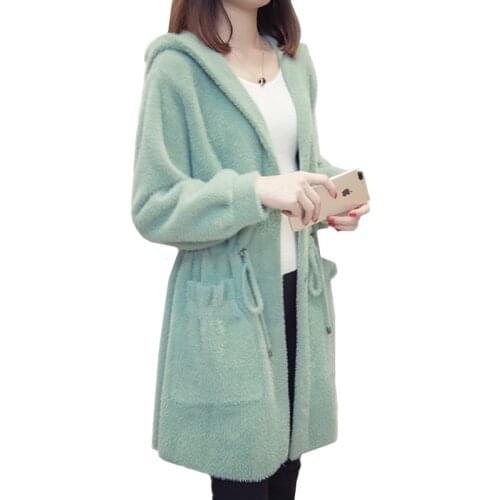Autumn Winter Imitation Water Velvet Coat Women Hooded Fashion Loose Thick Mid-Length Mink Sweater Ladies Cardigan Jacket H903