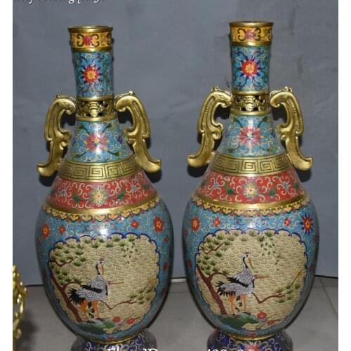 Cloisonne Bronze 24K Gold Gilt Crane Bird Lake Flower Vase Bottle Flask Pot Pair