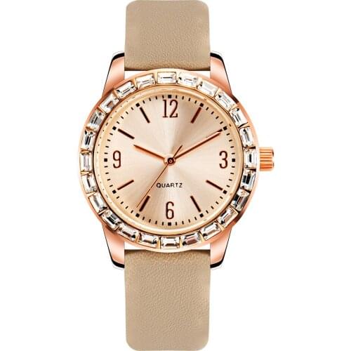 Diamond Decoration Bezel PU Band Luxury Ladies Quartz Watches