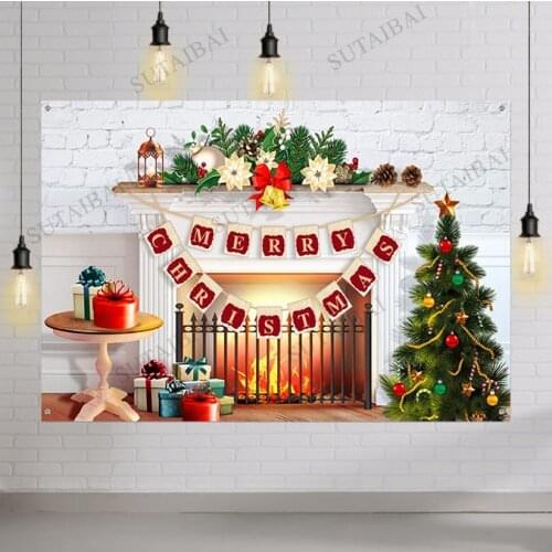 Christmas Decoration Merry Christmas Banner Photography Backdrop Burning Fireplace Retro Xmas Tree Background Christmas Party