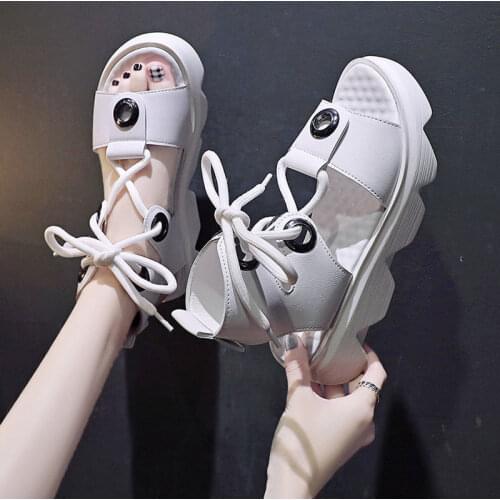 Fashion bandage sandals womens 2021 summer new versatile muffin thick bottom handsome thin Roman shoes