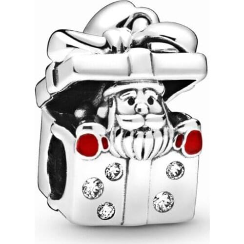 Genuine 925 Sterling Silver Charm Christmas Santa In A Giftbox Charm Beads Fit Women Pan Bracelet & Necklace Jewelry