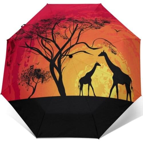 Giraffe Of Sunset In Africa Landscape Windproof Automatic Folding Inverted Umbrella Portable Paraguas for Man Woman
