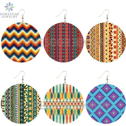 SOMESOOR Nordic Multicolor Fabric Bohemian Wooden Drop Earrings African Ethnicity Seamless Loops Dangle Jewelry For Women Gifts