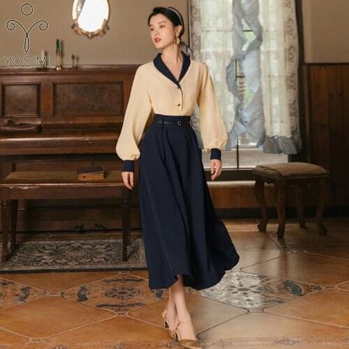 YOSIMI Women 2 Piece Outfits 2021 Fall Long Sleeve Shirt Blouse and Navy A-line Mid-calf Skirt Office Lady Skirt and Top Sets