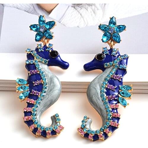 New design Long Seahorse shaped earrings High-quality Metal oiled crystals Drop earring Fashion Jewelry Accessories For Women