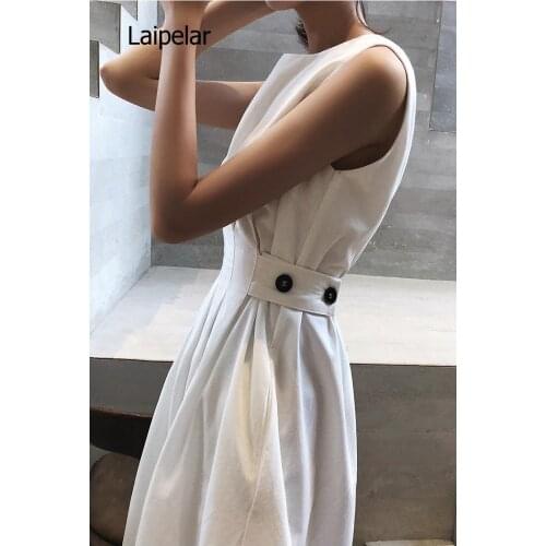 2020 Summer Women Solid White Black Fashion Elegant Casual Party Dress O Neck Sleeveless Tank Sundress Female Vestido