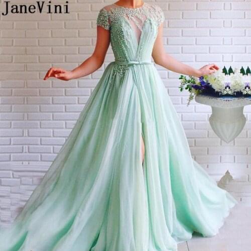JaneVini Elegant Mint Green Evening Dresses Long Luxury 2020 with Sleeves Women Party Dress Beaded Pearl Sashes Prom Gowns