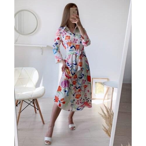 XEASY Summer Women Floral Print Bow Sashes Midi Lapel Dress Female Chic Three Quarter Sleeve Casual Slim Dresses