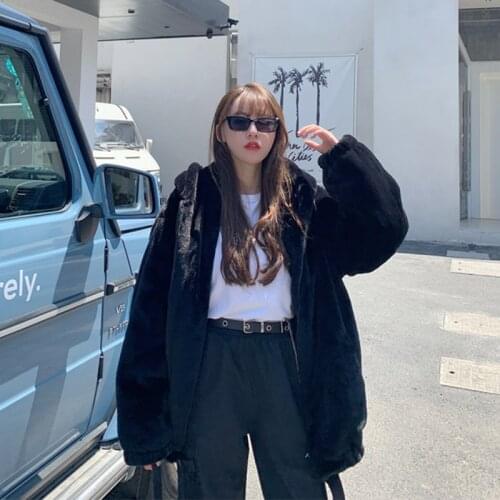 Women Hooded Thicken Faux Fur Coat 2021 Autumn Winter New Warm Soft Plush Loose Long Sleeve Casual Female Black Short Outerwear