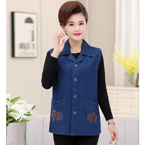Spring Autumn Waistcoat Outerwear Women Denim Vest New Embroidery Single-Breasted Sleeveless Jeans Jacket