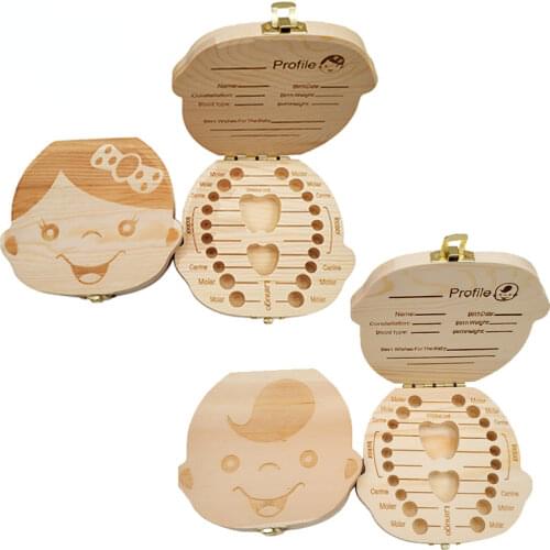 2pcs Optional Wooden Storage Box For English Spanish French Russia Italian Baby Kids Tooth Organizer Baby Milk Teeth Collect
