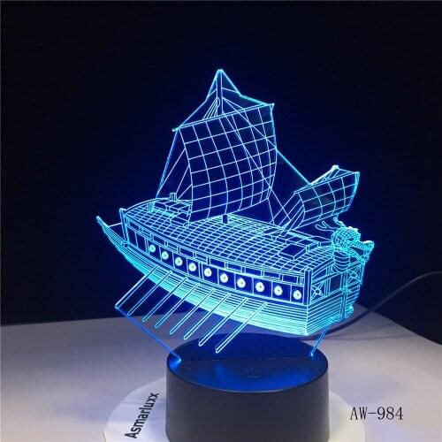 3D Retro Ancient Sailing Sea Boat Ship LED Lamp Chinese Style Multicolors Illusion RBG Night Light USB Table Desk Decor AW-984