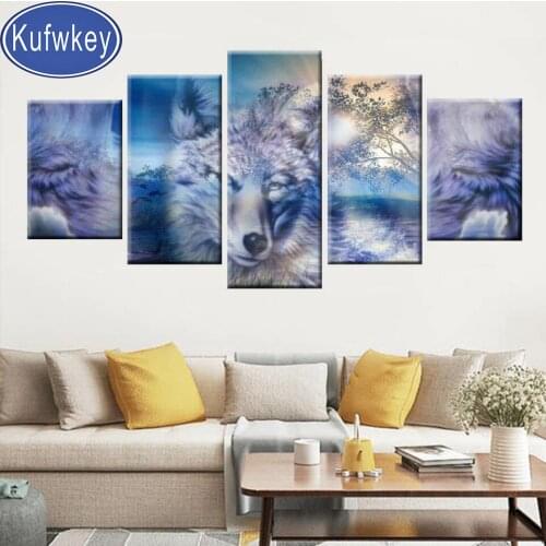 5 panel Abstract Painting Night fierce wolf 5d Diy Diamond Painting Animal diamond embroidery 3d Pictures full Square Drill