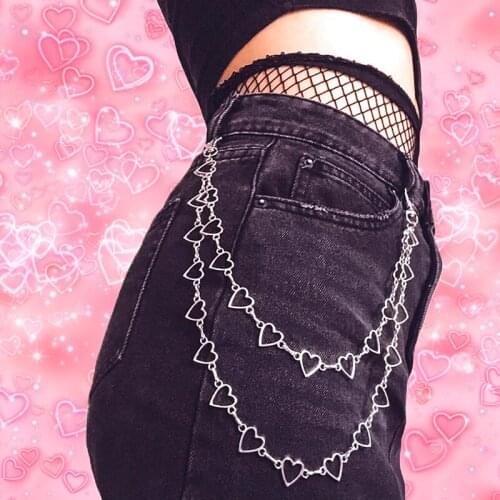 90s Aesthetic Doublelayer Heart Waist Chain Pants for Women Metal Punk Hiphop Cool Vintage Harajuku Keychain Charms New 2021