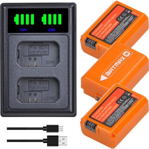 Batmax NP-FW50 NPFW50 Orange Battery+LED Dual Charger with Type C for Sony Alpha a6500 a6400 a6300 a7 7R a7R a7R II a7II NEX-3