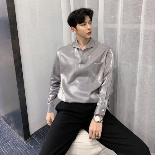 Shiny Mens Long Sleeve Pullover Shirt Chic Satin Silver Black Casual Top