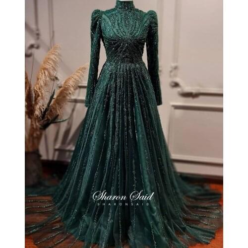 Elegant Emerald Green Muslim Evening Dresses Long Sleeve 2021 Luxury Dubai Beaded Arab Formal Dress For Women Wedding Party Gown
