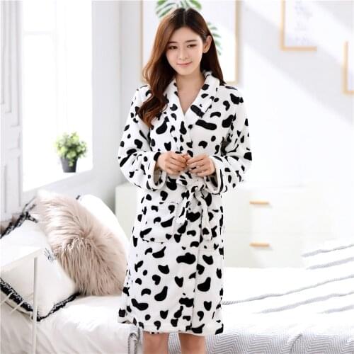 Print Black And White Cow Female Robe Home Clothing Nightwear Solid Colour Kimono Bathrobe Gown Winter Warm Home Dressing Gown