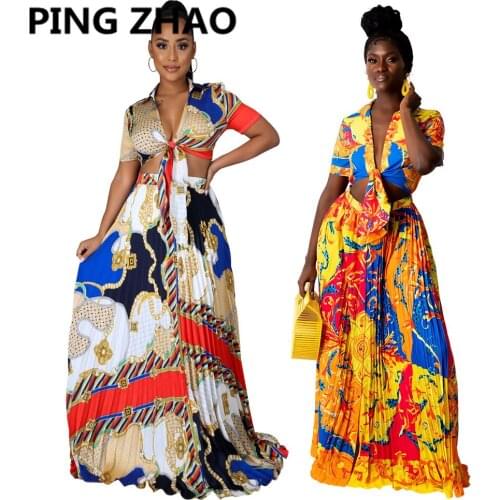 PING ZHAO Women Set Print Short Sleeve Bandage V-neck Crop Tops and Pleated Long Skirts Two 2 Piece Sets Fashion Outfit Summer