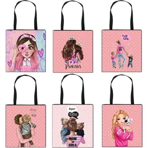 Beautiful Mom Girls Tote Bag Picture Of Mother And Child Portable Shopping Capacity Shoulder Bags