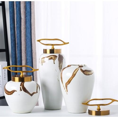 Creative Ceramic Storage Jar Decoration Metal Lid Creative Flower Vase Arrangement Decoration Living Room
