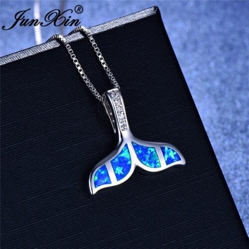 Cute Mermaid Tail Pendant Necklaces For Women Silver Color Ocean Blue White Fire Opal Necklace With Zircon Unique Party Jewelry
