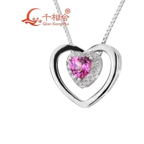 Fashionable Plated Pink Cubic Zirconia Heart-Shape 925 Sterling Silver Pendant Necklace Woman Girl
