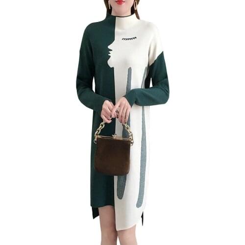 Fashion knitted dress women autumn winter Irregular print sweaters dresses female Plus size long sleeve pullover dresses A3153