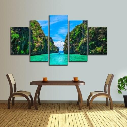 Wall Art HD Pictures Decor Framework Prints 5 Pieces Green Hills And Water Blue Sky White Cloud Scenery Modular Canvas Paintings