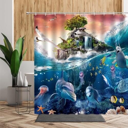 Personality Creative Shower Curtain Summer Blue Ocean Underwater World Abstract Octopus Dolphin Waterproof Bath Curtains Screen