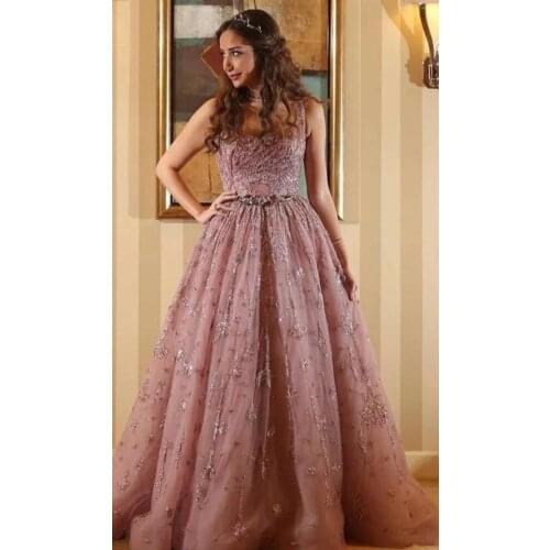 Luxury Champagne Lace Evening Dresses 2021 Sparkle Beaded Long Prom Gowns Abiye Open Back Evening Gowns Tutu Formal Dress