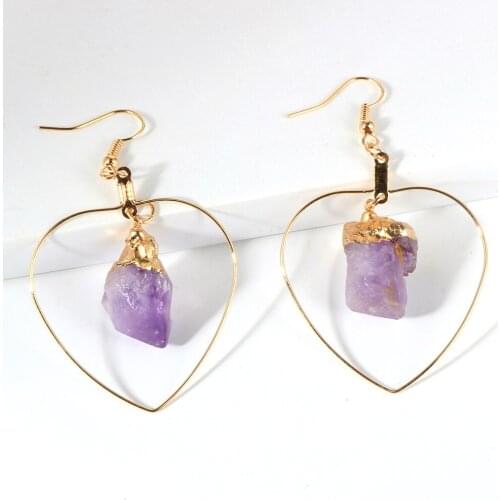 Women Natural Stone Amethysts Love Heart Pendant Dangled Earrings Hanged Purple Crystal Earring Hook Elegant Female Jewelry